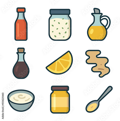 Salad Dressing Icons. Flat icon set of salad dressings: vinaigrette bottle, creamy ranch, olive oil dispenser,