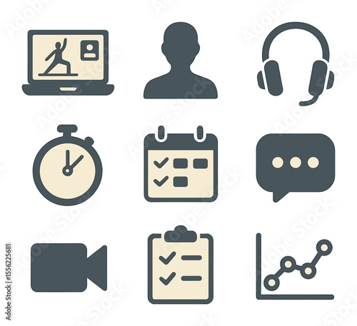 Virtual Yoga Icons. Flat icon set of yoga class from home: laptop with yoga session, instructor silhouette,