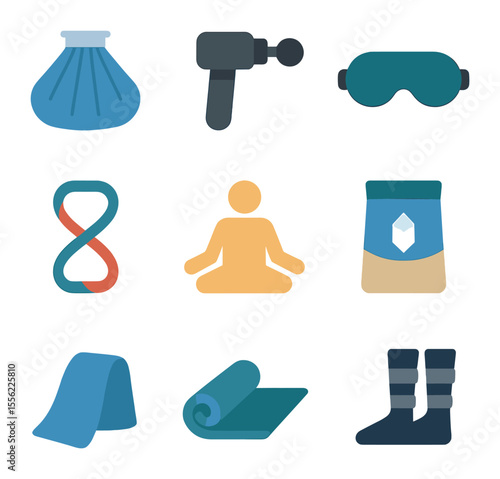 Recovery Icons Set. Flat icon set of recovery and rest: ice pack, massage gun, sleep mask, stretching band,