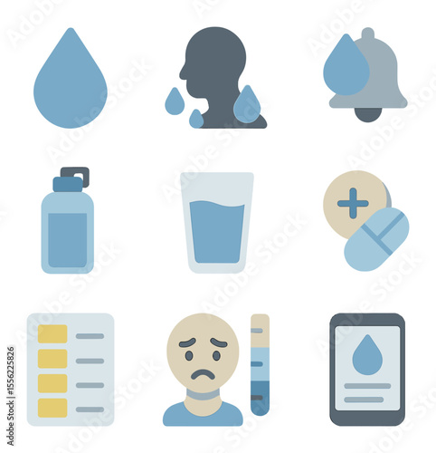 Hydration Icons Set. Flat icon set of hydration and fluid balance: water droplet, sweat icon, hydration