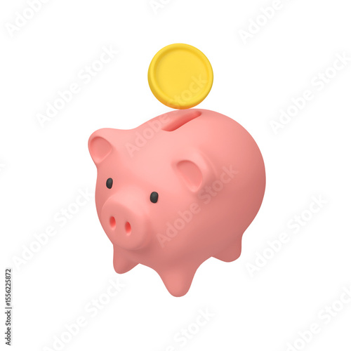 Pink piggy bank with yellow coin isolated 3d render icon illustration