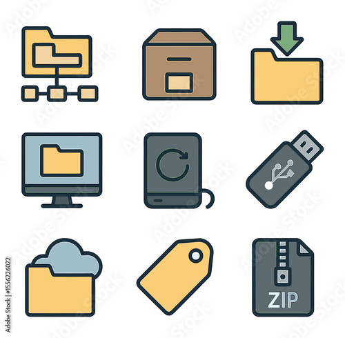 File Management Icons. Flat icon set of file management habits: folder structure, archive icon, download