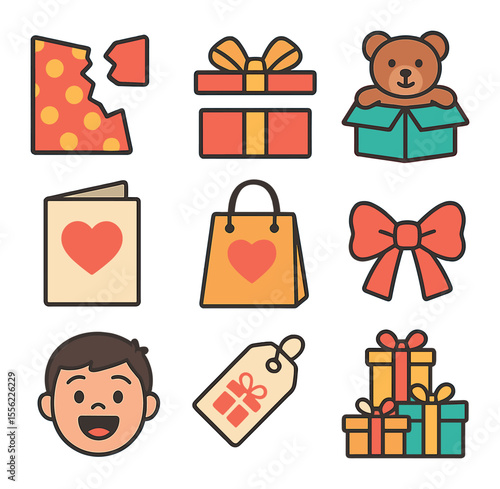 Birthday Gift Icons. Flat icon set of birthday gift unwrapping: torn wrapping paper, open gift box, toy reveal