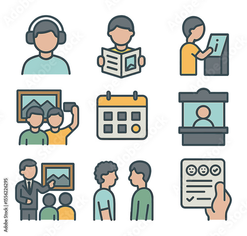 Museum Experience Icons. Flat icon set of gallery visitor experiences: headset tour, brochure handout,