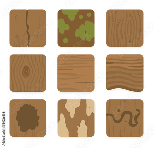 Weathered Wood Textures. Flat icon set of weathered wood textures: cracked plank, mossy timber, aged grain,
