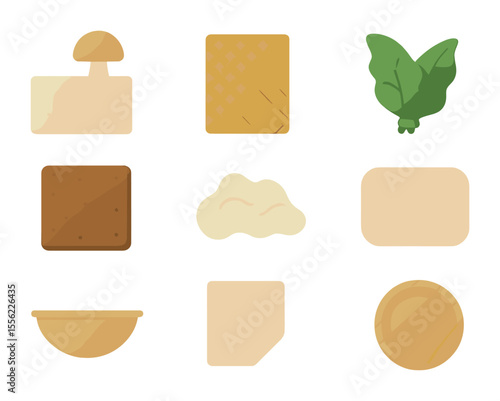Biodegradable Material Icons. Flat icon set of biodegradable material innovations: mushroom packaging, banana