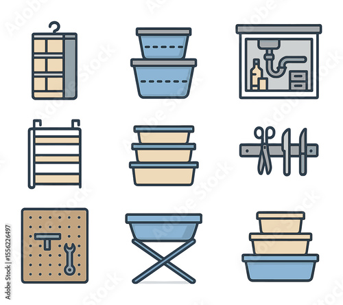 Space-Saving Storage Icons. Flat icon set of space-saving storage ideas: hanging organizers, collapsible bins,