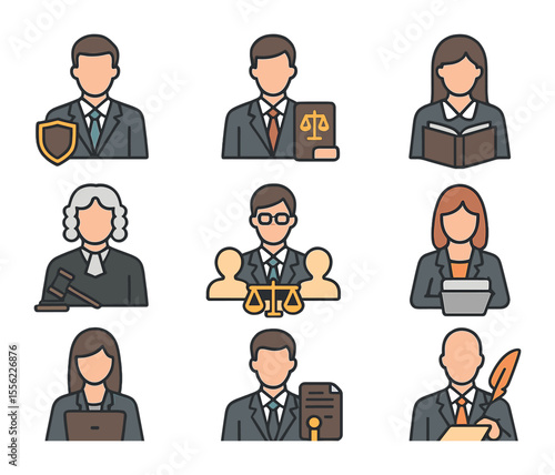 Legal Professional Icons. Flat icon set of legal professionals: defense attorney, plaintiff lawyer, paralegal,