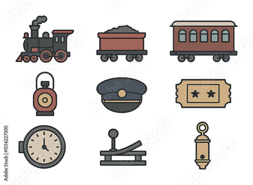 Railway History Icons. Flat icon set of railway history: steam engine, coal tender, vintage train car, railway
