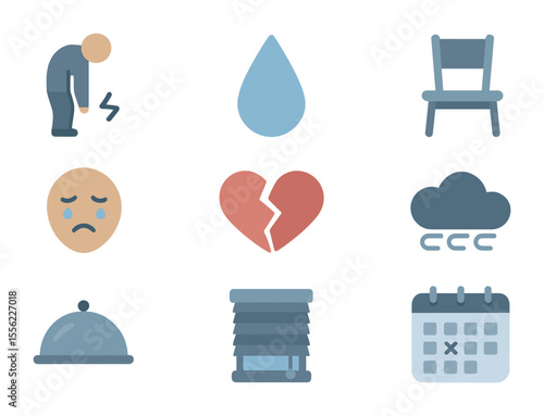 Depression Symptoms Icons. Flat icon set of symptoms of depression: low energy, tear drop, empty chair, sad