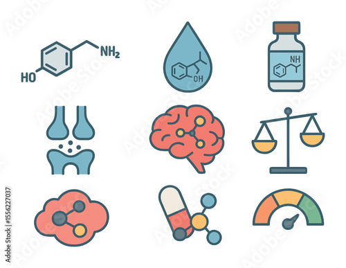 Chemical Imbalance Icons. Flat icon set of chemical imbalance indicators: dopamine icon, serotonin drop,