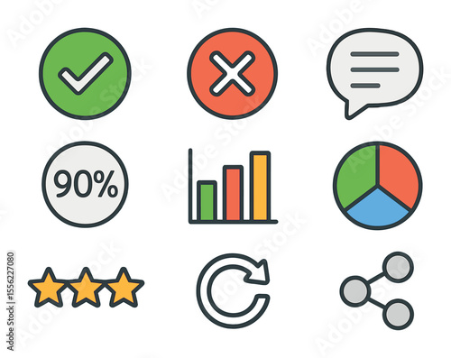 Quiz Results Icons. Flat icon set of quiz results and feedback: correct answer check, wrong answer cross,