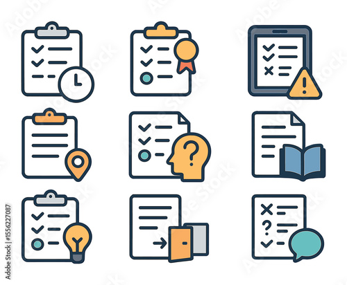 Quiz Assessment Icons. Flat icon set of assessment types in quizzes: formative quiz, summative quiz,