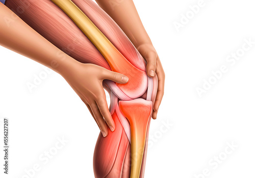 Human knee joint with inflammation and pain isolated on transparent background