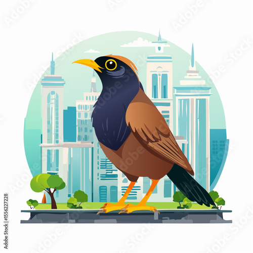 A stylized myna bird stands majestically against a cityscape backdrop, perfect for nature or urban design projects and icon use.