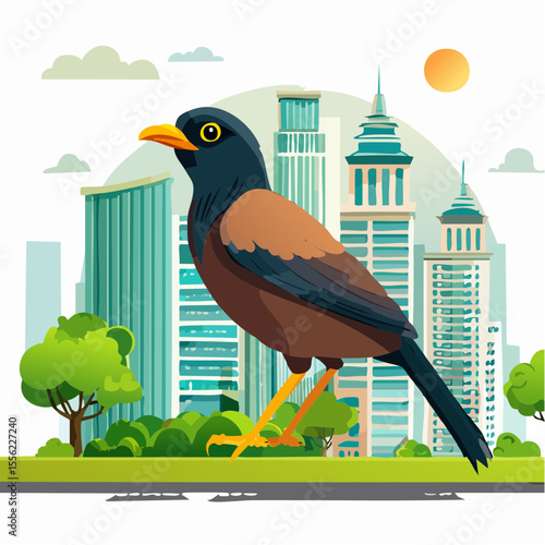 Bird perched in a cityscape featuring a Myna bird in front of stylized buildings and a bright sun, perfect for logo or design work.