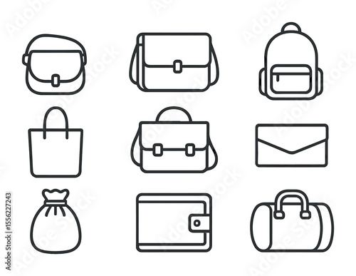 Bag Design Icon Set. Flat icon set of bag design templates: crossbody bag, messenger bag, backpack sketch,