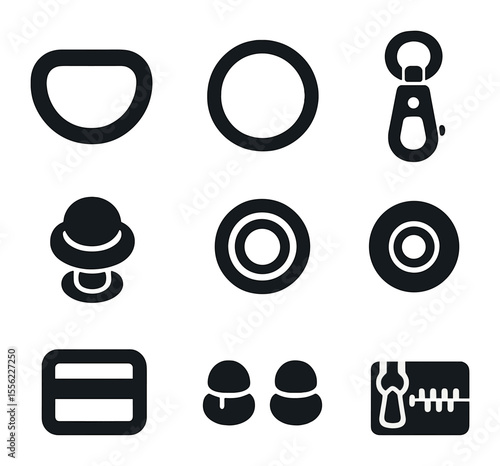 Leather Bag Hardware Icons. Flat icon set of leather bag hardware: D-ring, O-ring, swivel clip, rivet, eyelet,