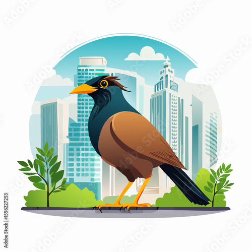 Charming myna bird perched against a vibrant cityscape with skyscrapers, perfect for nature-themed design and scalable graphic projects.