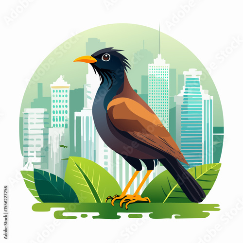 Myna bird artwork featuring a cityscape background, ideal for diverse design needs, brand identity, and creative nature-themed presentations.