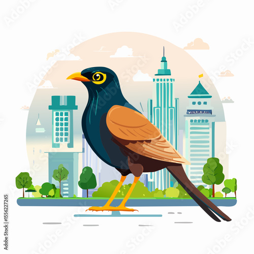 A colorful bird design featuring a myna bird with a cityscape background, perfect for adding a touch of nature to urban themed projects.