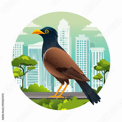 Stylish design featuring a common myna bird perched within an urban cityscape, perfect for avian themes and graphic projects.