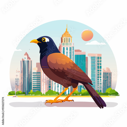 Detailed graphic showcases a mynah bird in front of a city skyline, great for backgrounds, emblems, or adding a natural touch to urban projects.