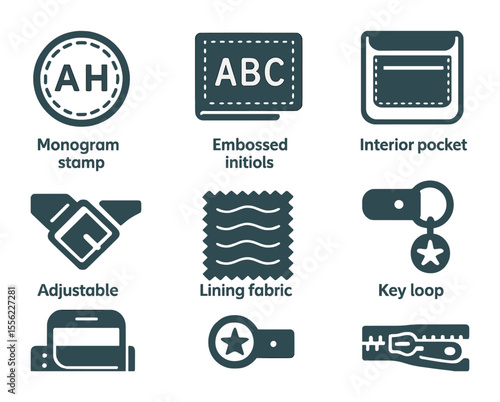 Bag Customization Icons. Flat icon set of bag customization features: monogram stamp, embossed initials,