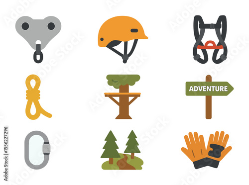 Outdoor Adventure Icons. Flat icon set of outdoor adventure parks and zip-lining: zip line pulley, helmet,
