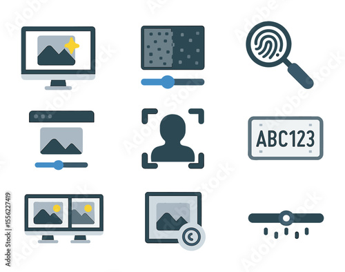 Forensic Tools Icons. Flat icon set of forensic image enhancement: image enhancer, noise reduction,
