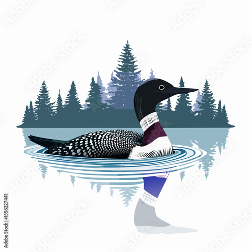 Majestic common loon swims peacefully on a serene lake, a striking scene perfect for wildlife design or nature-themed graphics.