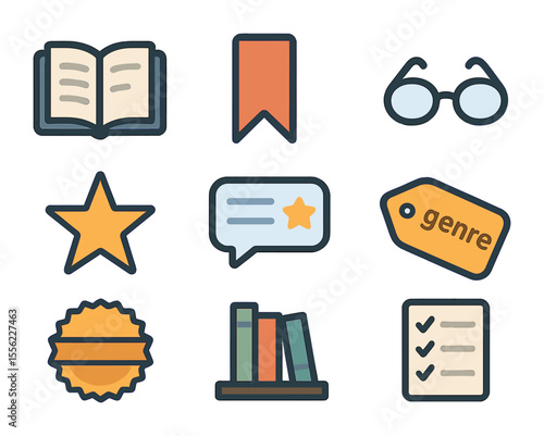 Book Recommendation Icons. Flat icon set of book recommendations: open book, bookmark, reading glasses, star
