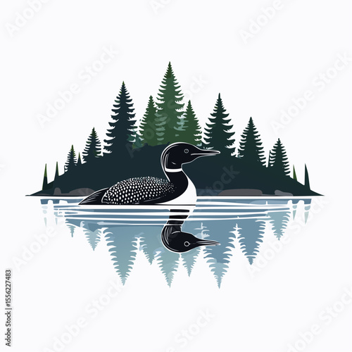 Graceful loon reflected in water, amidst evergreen trees, a serene natural scene suitable for design projects and nature-themed applications.