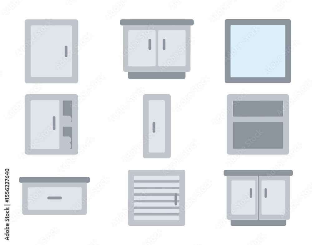 Bathroom Cabinet Icons. Flat icon set of bathroom cabinet doors: medicine cabinet door, under-sink vanity door Bathroom Cabinet Icons. Flat icon set of bathroom cabinet doors: medicine cabinet door, under-sink vanity door