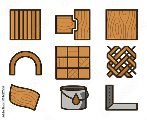 Architectural Wood Icon Set. Flat icon set of architectural wood design: slatted wall panel, tongue and groove