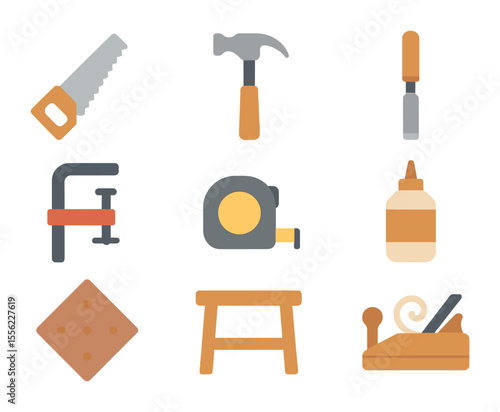 Woodworking Tools Icons. Flat icon set of woodworking tools: hand saw, hammer, wood chisel, clamp, tape