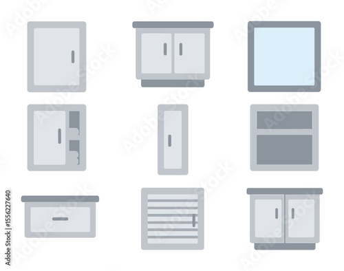 Bathroom Cabinet Icons. Flat icon set of bathroom cabinet doors: medicine cabinet door, under-sink vanity door
