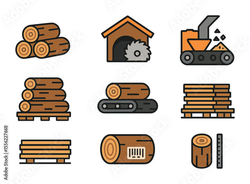 Timber Processing Icons. Flat icon set of timber transport and processing: cut logs, log stack, sawmill,