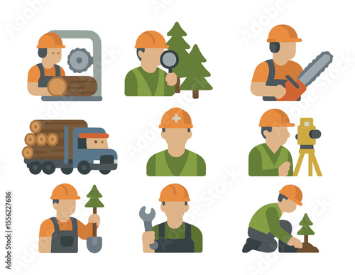 Logging Industry Icons. Flat icon set of logging industry roles: sawmill operator, timber inspector, forestry
