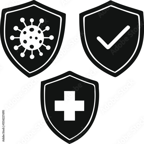 Vector Illustration of Health and Safety Shields with Virus, Check, and Medical Symbols