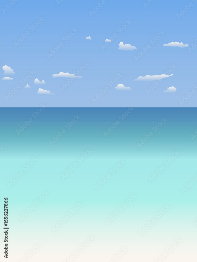 Fototapeta premium vector illustration of azure sea coast in summer against blue sky with white small clouds. For decorating your designs in soft summer colors in vacation and recreation style. To create a summer mood