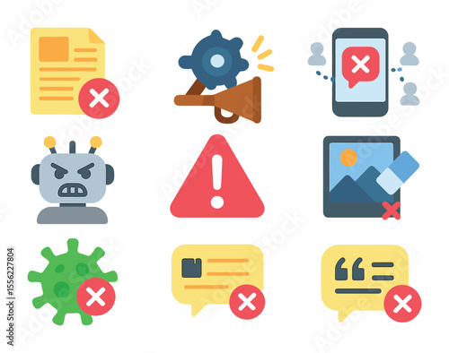 Misinformation Icons Grid. Flat icon set of misinformation and disinformation: fake article, rumor mill,