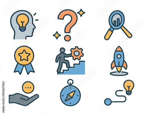 Intrapreneurial Icons Grid. Flat icon set of intrapreneurial mindset: self-starter icon, question spark,