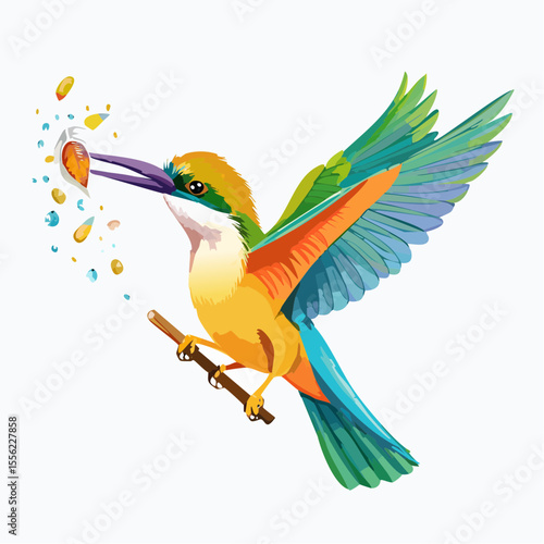 Toucan flying and sitting on a branch in a tropical vector illustration