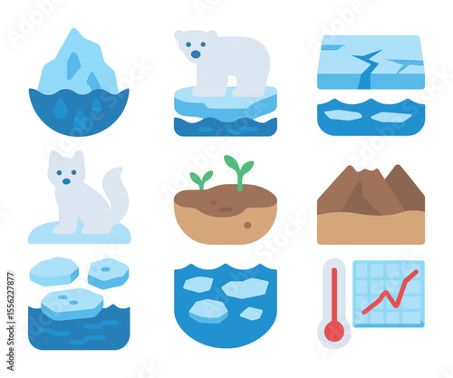 Polar Region Icons. Flat icon set of polar region transformations: melting iceberg, polar bear on ice,