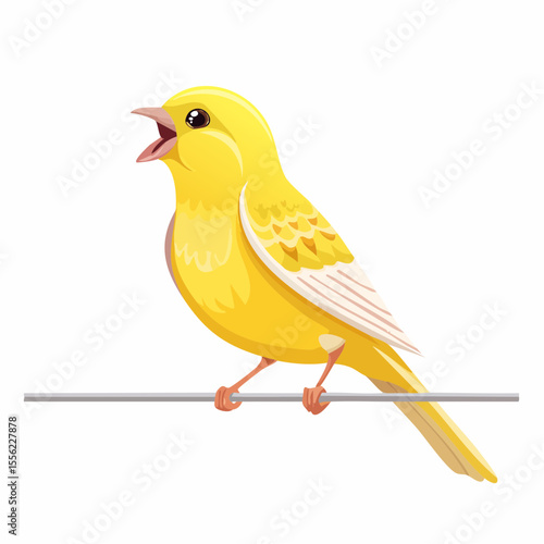 Illustration of a bright yellow canary singing while perched on a gray branch with a white background