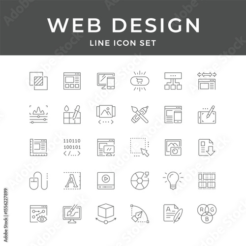 Web Design Line Icon Set – UI, UX, Website, Layout, Coding, Graphic, Creative, Minimal Vector Collection