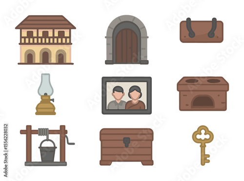 Ancestral Home Icons. Flat icon set of visiting ancestral homes: heritage house, old doorway, coat hook,