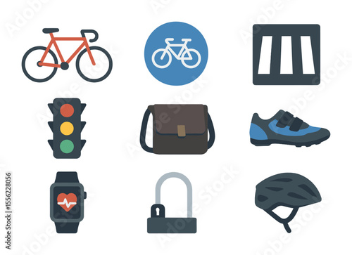 City Cycling Icons. Flat icon set of city cycling: road bike, bike lane sign, crosswalk, traffic light,