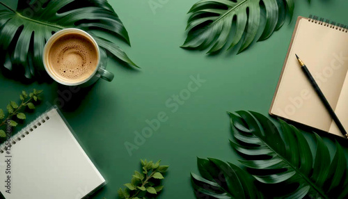 Serene Workspace: A captivating flat lay showcasing a tranquil work environment. A freshly brewed cup of coffee sits next to open notebooks, pens, and lush green tropical leaves.